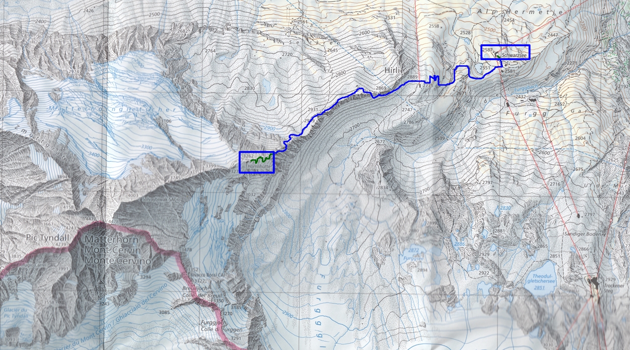 Croquis del recorrido al Refugio Hörnli desde por la estación de teleférico Schwarzsee.